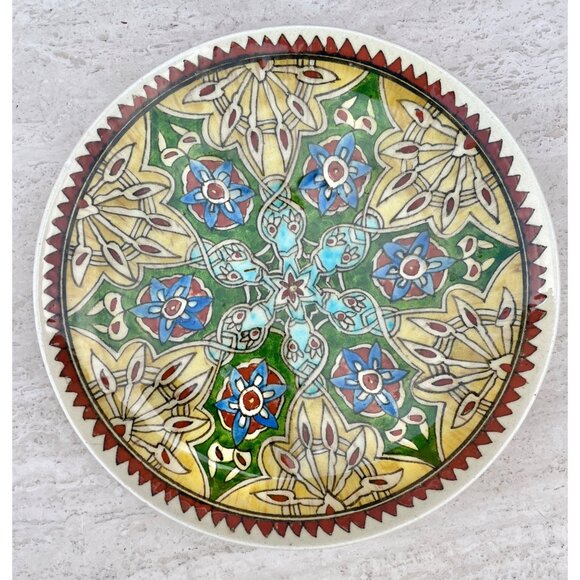 Signed with an initial Other - Ceramic Plate Hand Painted Floral Geometric Green Blue Yellow Red Colors 10.25”D